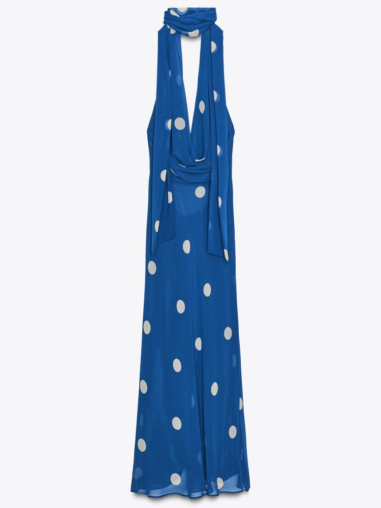 Polka Dot Draped Halter Midi Dress