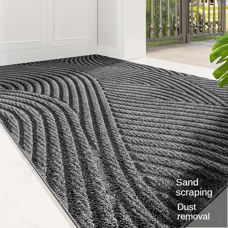 Non-slip gray doormat with curved line design, absorbent entryway rug for front door, hallway, or indoor outdoor use