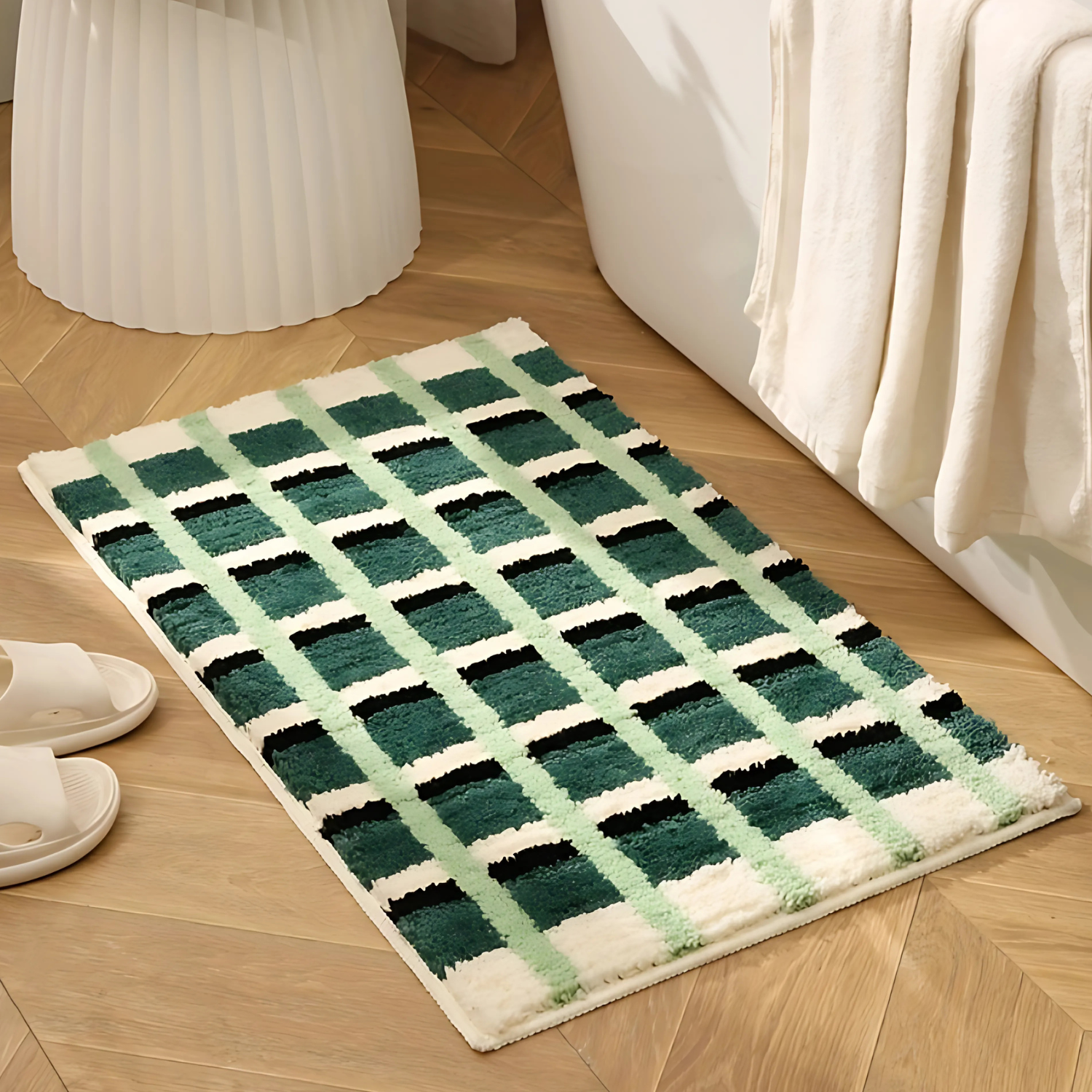 Anti-slip bathroom rug with green and white plaid checkered design, soft absorbent bath mat for modern bathroom decor