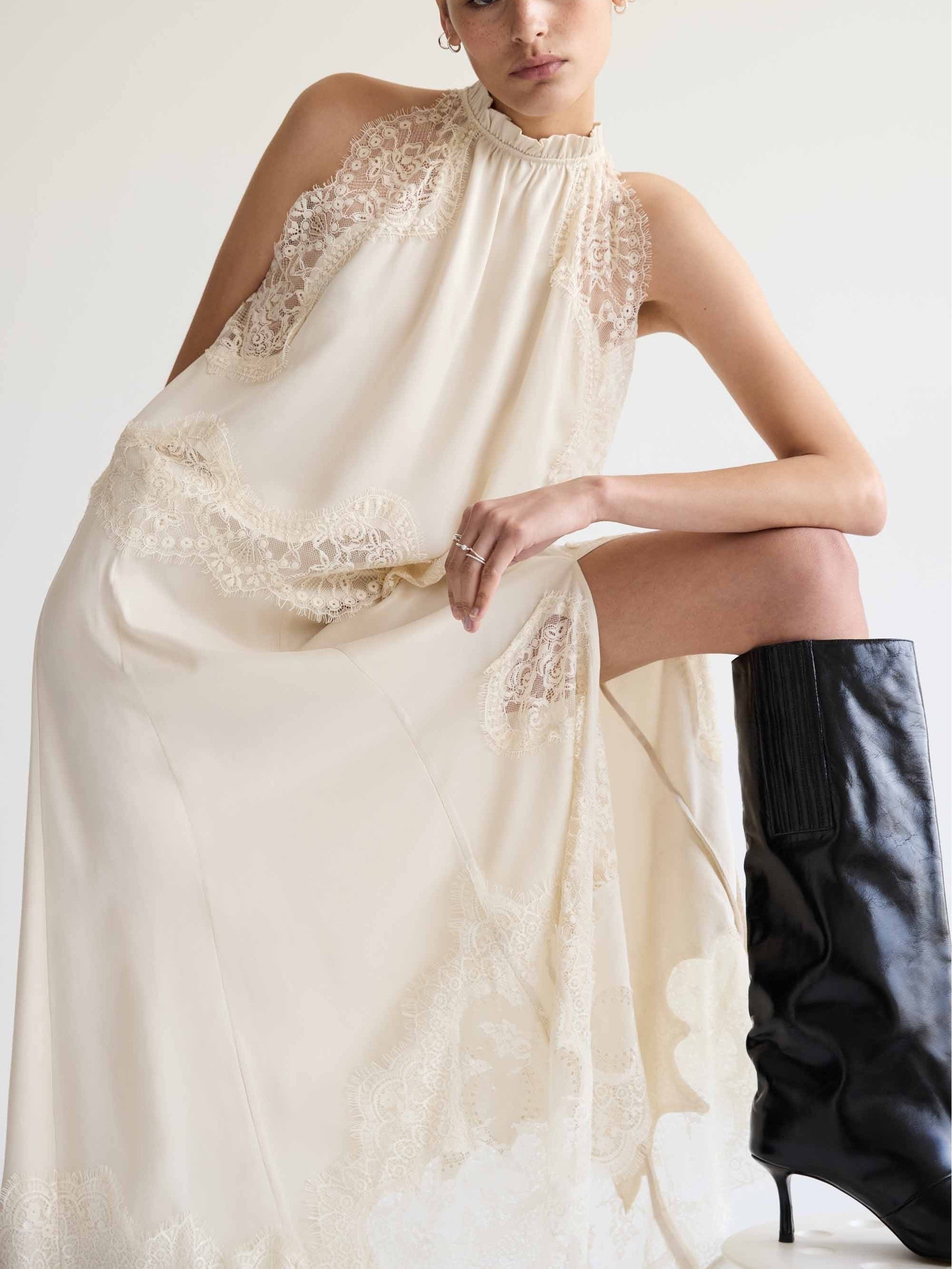 Lace Trimmed Satin Halter Maxi Skirt Set