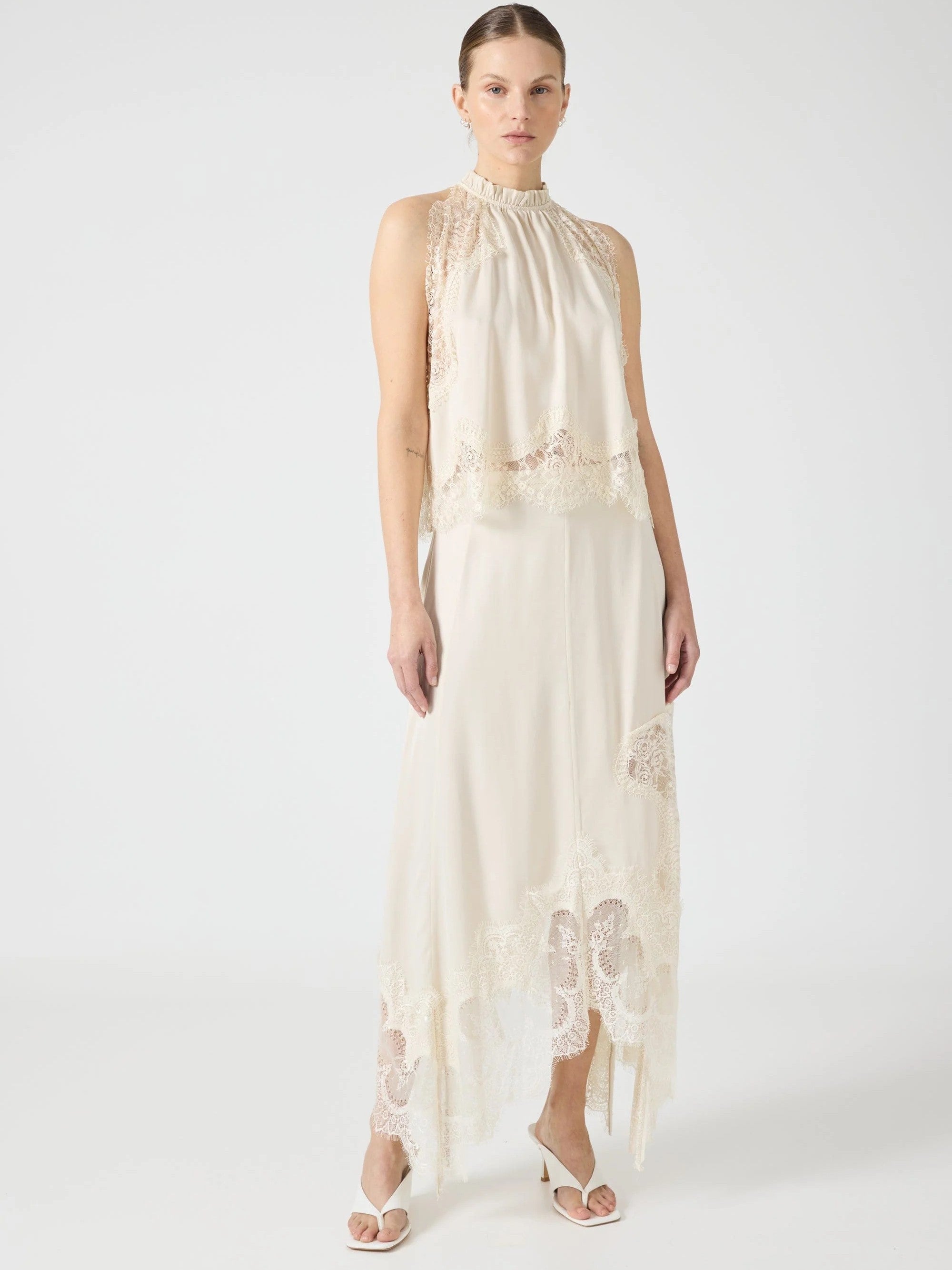 Lace Trimmed Satin Halter Maxi Skirt Set